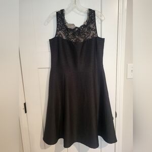 London Style Black Lace Cocktail Midi Dress. Size 16, Pleated With Flared Skirt